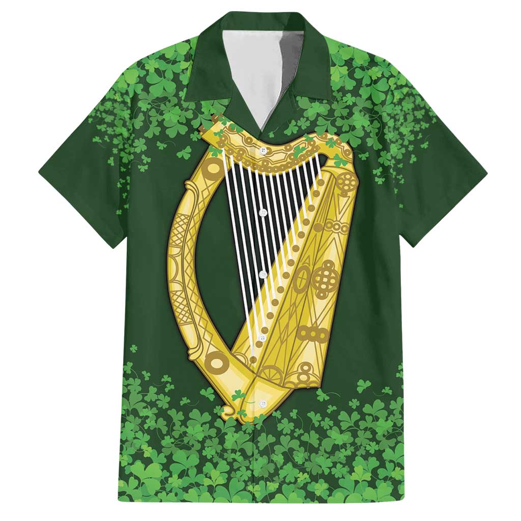 Ireland Leinster Gold Irish Harp with Shamrock Family Matching Short Sleeve Bodycon Dress and Hawaiian Shirt Laighin Flag With Shamrock Patern