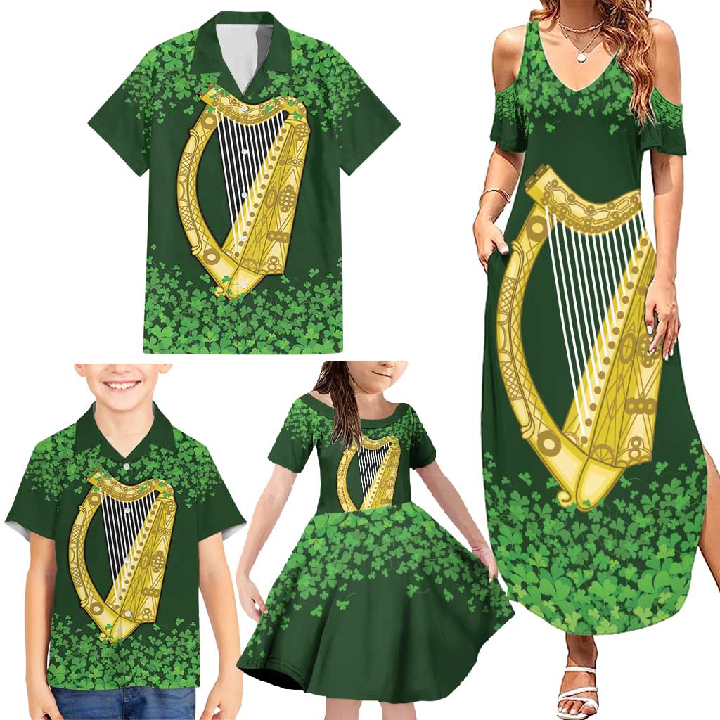 Ireland Leinster Gold Irish Harp with Shamrock Family Matching Summer Maxi Dress and Hawaiian Shirt Laighin Flag With Shamrock Patern