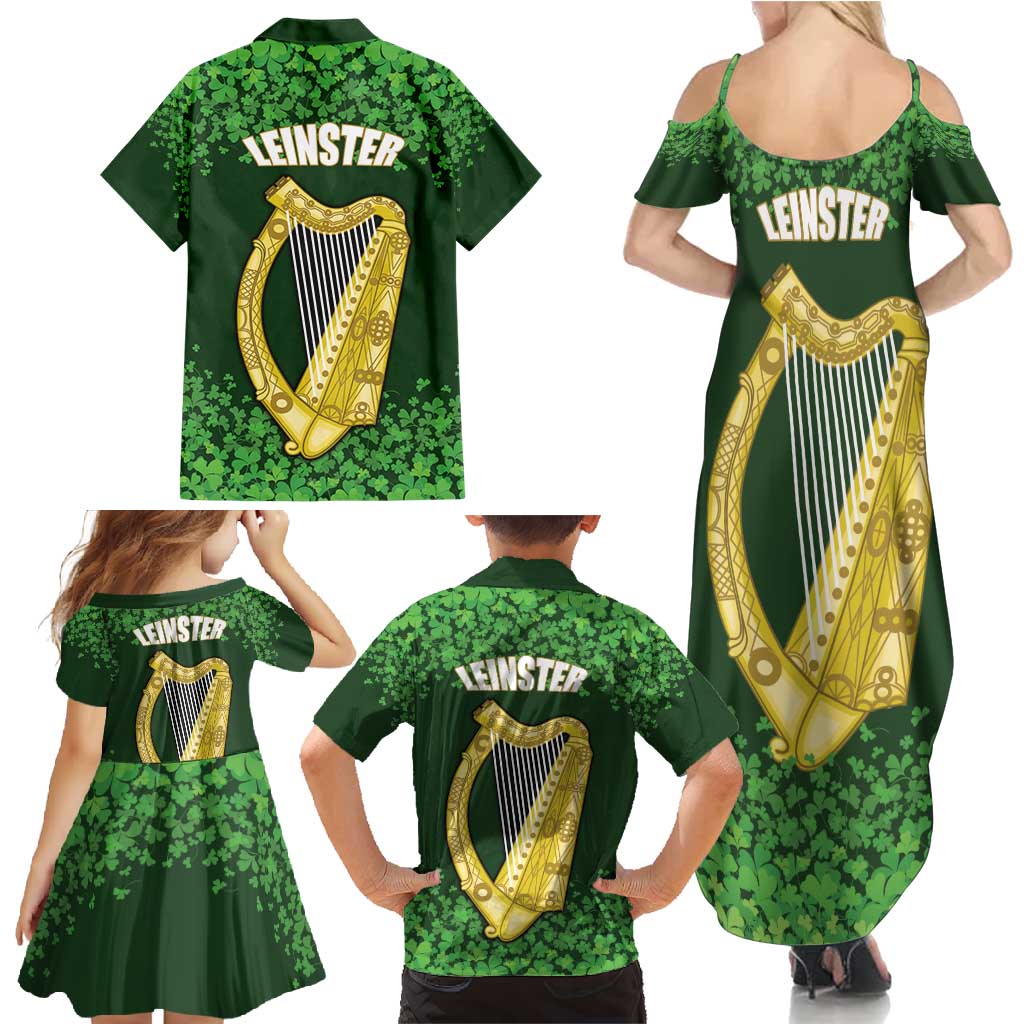 Ireland Leinster Gold Irish Harp with Shamrock Family Matching Summer Maxi Dress and Hawaiian Shirt Laighin Flag With Shamrock Patern