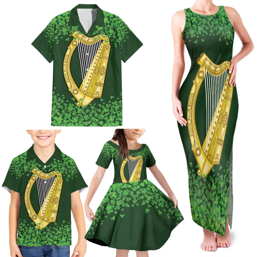 Ireland Leinster Gold Irish Harp with Shamrock Family Matching Tank Maxi Dress and Hawaiian Shirt Laighin Flag With Shamrock Patern