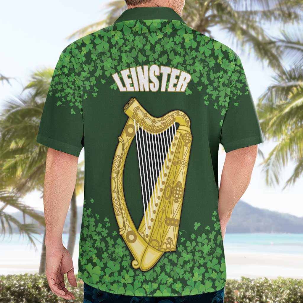 Ireland Leinster Gold Irish Harp with Shamrock Hawaiian Shirt Laighin Flag With Shamrock Patern