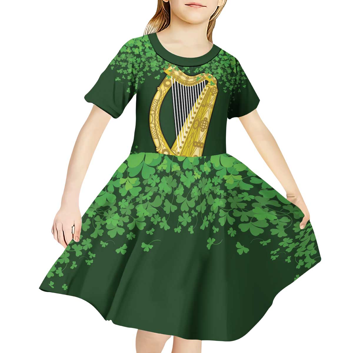 Ireland Leinster Gold Irish Harp with Shamrock Kid Short Sleeve Dress Laighin Flag With Shamrock Patern