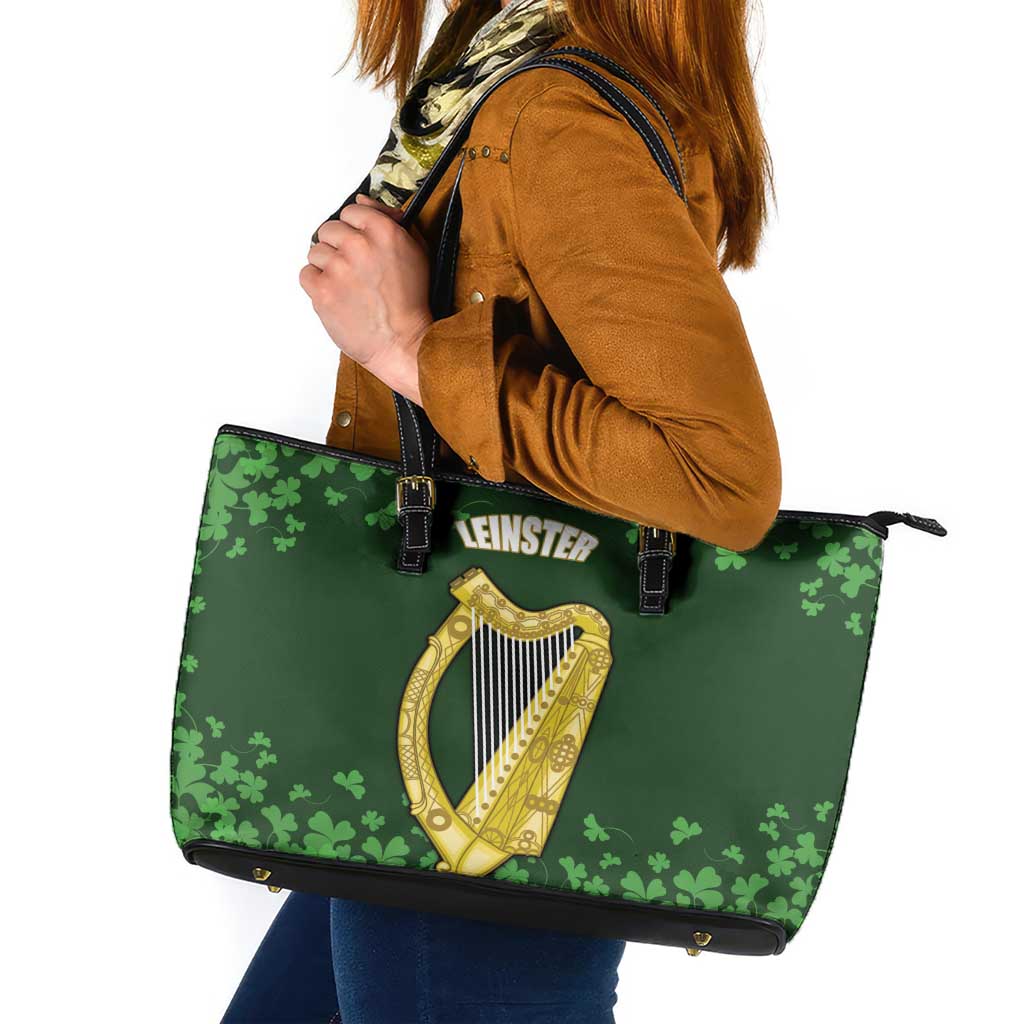 Ireland Leinster Gold Irish Harp with Shamrock Leather Tote Bag Laighin Flag With Shamrock Patern