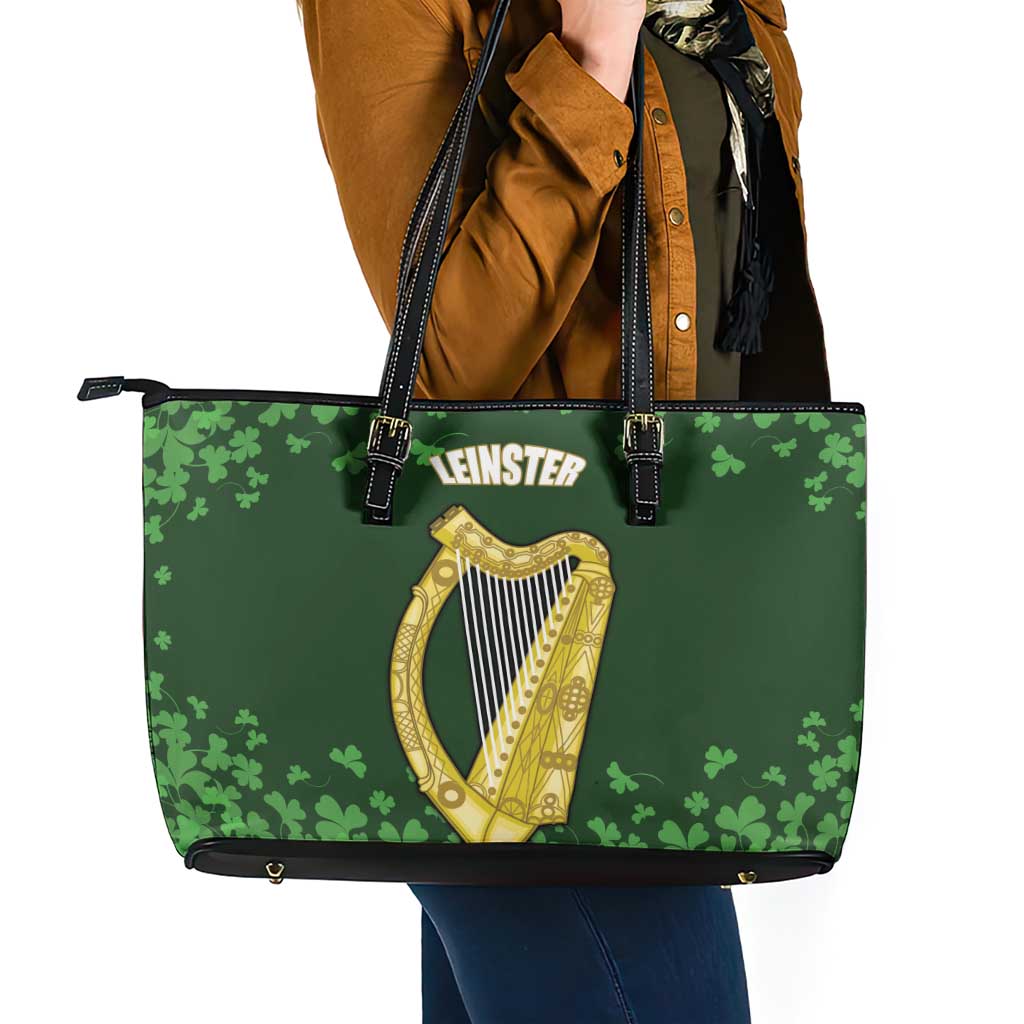 Ireland Leinster Gold Irish Harp with Shamrock Leather Tote Bag Laighin Flag With Shamrock Patern