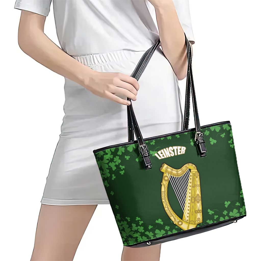 Ireland Leinster Gold Irish Harp with Shamrock Leather Tote Bag Laighin Flag With Shamrock Patern