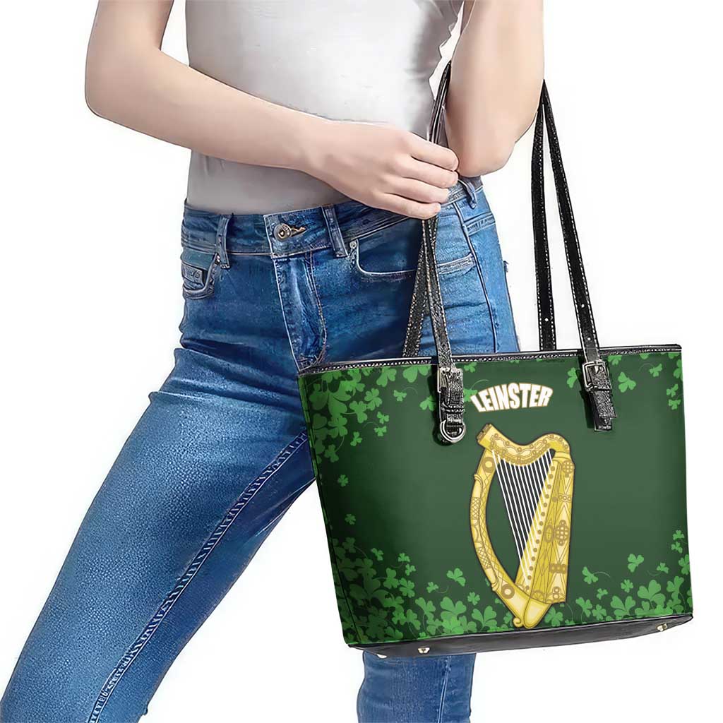 Ireland Leinster Gold Irish Harp with Shamrock Leather Tote Bag Laighin Flag With Shamrock Patern