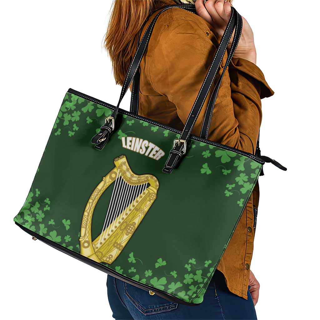 Ireland Leinster Gold Irish Harp with Shamrock Leather Tote Bag Laighin Flag With Shamrock Patern