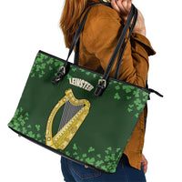 Ireland Leinster Gold Irish Harp with Shamrock Leather Tote Bag Laighin Flag With Shamrock Patern