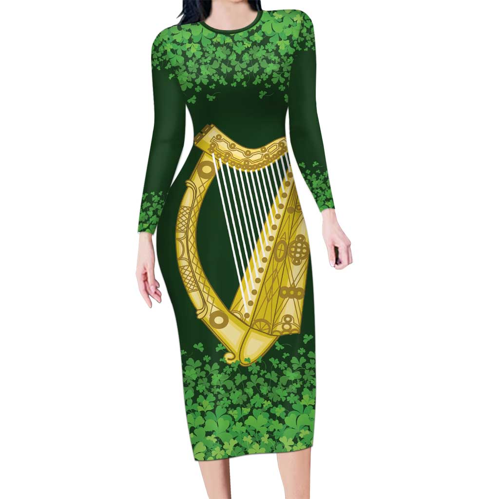 Ireland Leinster Gold Irish Harp with Shamrock Long Sleeve Bodycon Dress Laighin Flag With Shamrock Patern