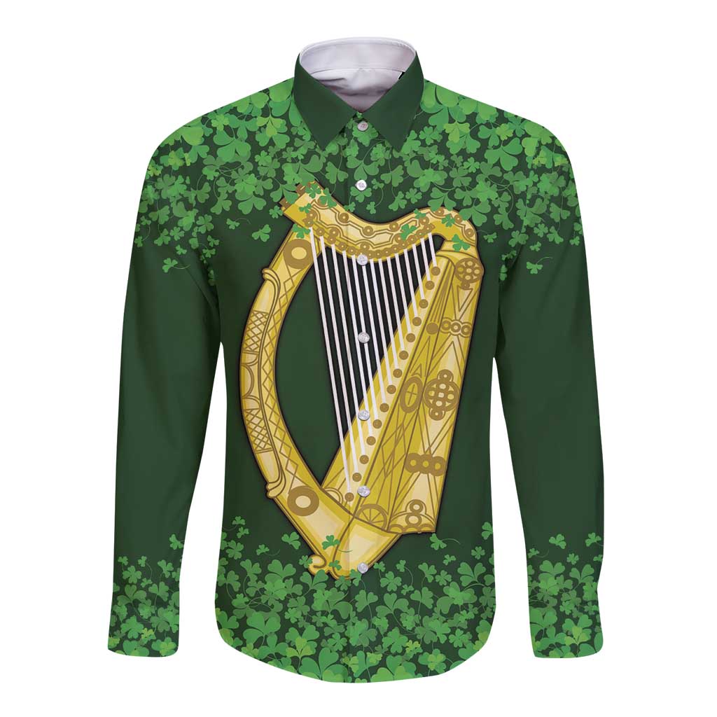 Ireland Leinster Gold Irish Harp with Shamrock Long Sleeve Button Shirt Laighin Flag With Shamrock Patern
