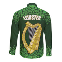 Ireland Leinster Gold Irish Harp with Shamrock Long Sleeve Button Shirt Laighin Flag With Shamrock Patern