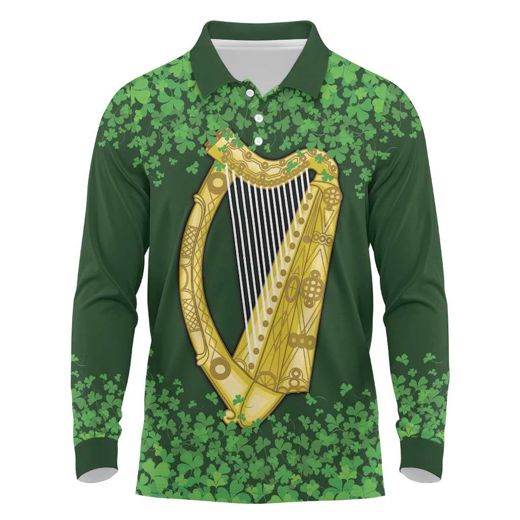 Ireland Leinster Gold Irish Harp with Shamrock Long Sleeve Polo Shirt Laighin Flag With Shamrock Patern