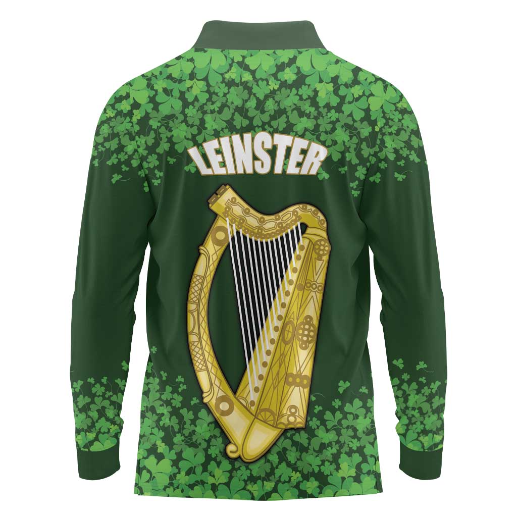 Ireland Leinster Gold Irish Harp with Shamrock Long Sleeve Polo Shirt Laighin Flag With Shamrock Patern
