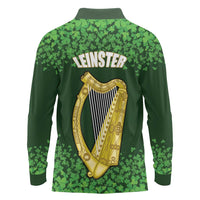 Ireland Leinster Gold Irish Harp with Shamrock Long Sleeve Polo Shirt Laighin Flag With Shamrock Patern