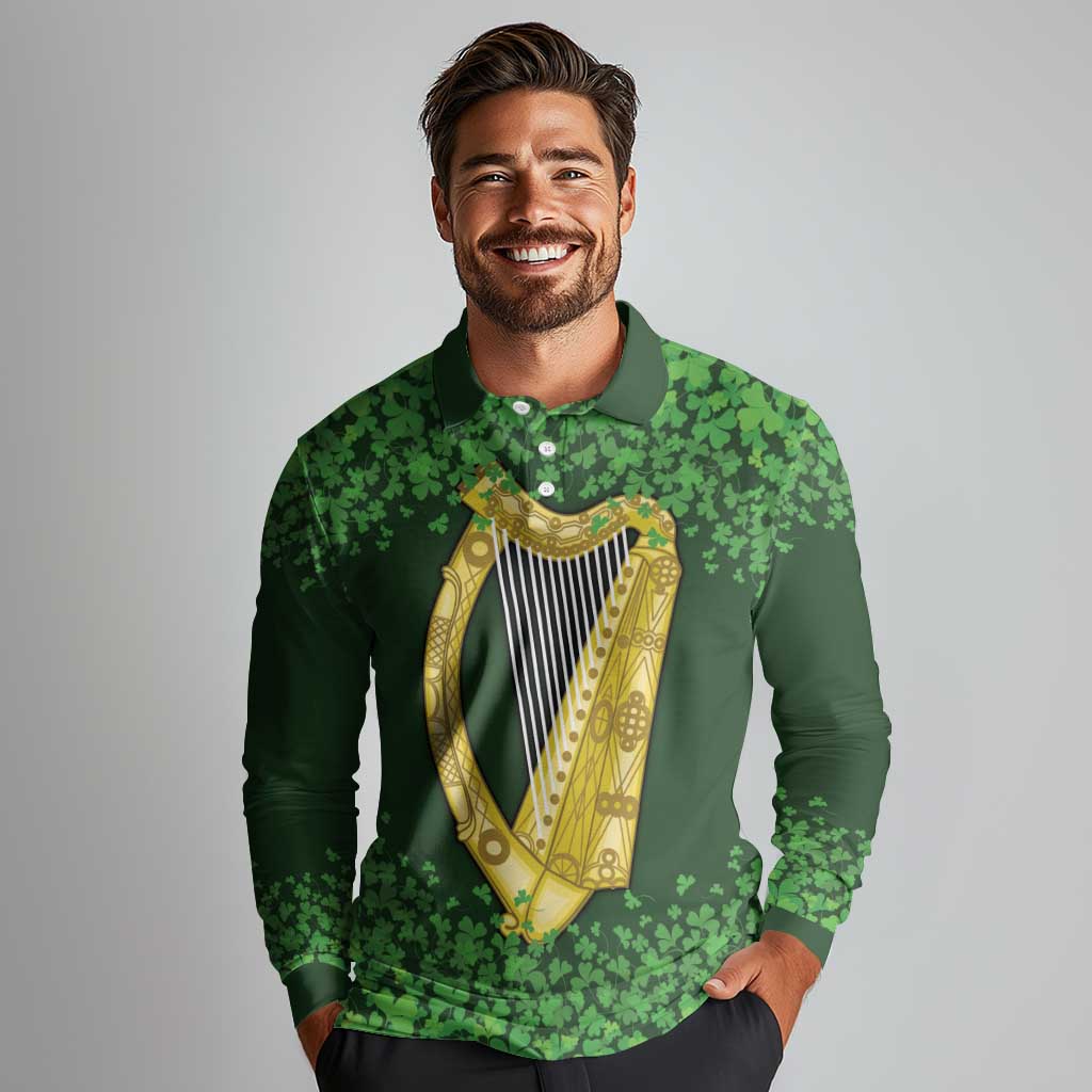 Ireland Leinster Gold Irish Harp with Shamrock Long Sleeve Polo Shirt Laighin Flag With Shamrock Patern