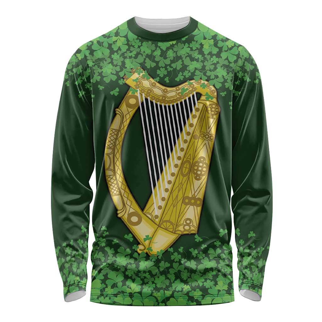 Ireland Leinster Gold Irish Harp with Shamrock Long Sleeve Shirt Laighin Flag With Shamrock Patern