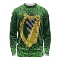 Ireland Leinster Gold Irish Harp with Shamrock Long Sleeve Shirt Laighin Flag With Shamrock Patern