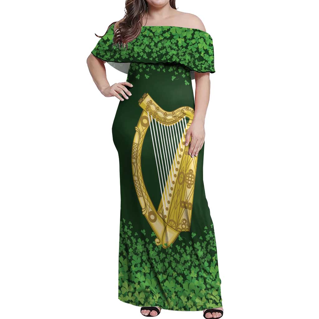 Ireland Leinster Gold Irish Harp with Shamrock Off Shoulder Maxi Dress Laighin Flag With Shamrock Patern
