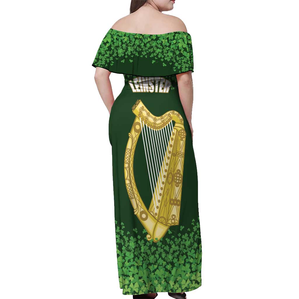 Ireland Leinster Gold Irish Harp with Shamrock Off Shoulder Maxi Dress Laighin Flag With Shamrock Patern