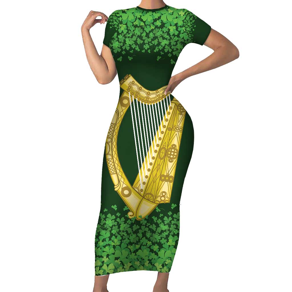 Ireland Leinster Gold Irish Harp with Shamrock Short Sleeve Bodycon Dress Laighin Flag With Shamrock Patern