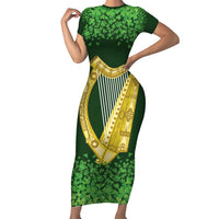 Ireland Leinster Gold Irish Harp with Shamrock Short Sleeve Bodycon Dress Laighin Flag With Shamrock Patern