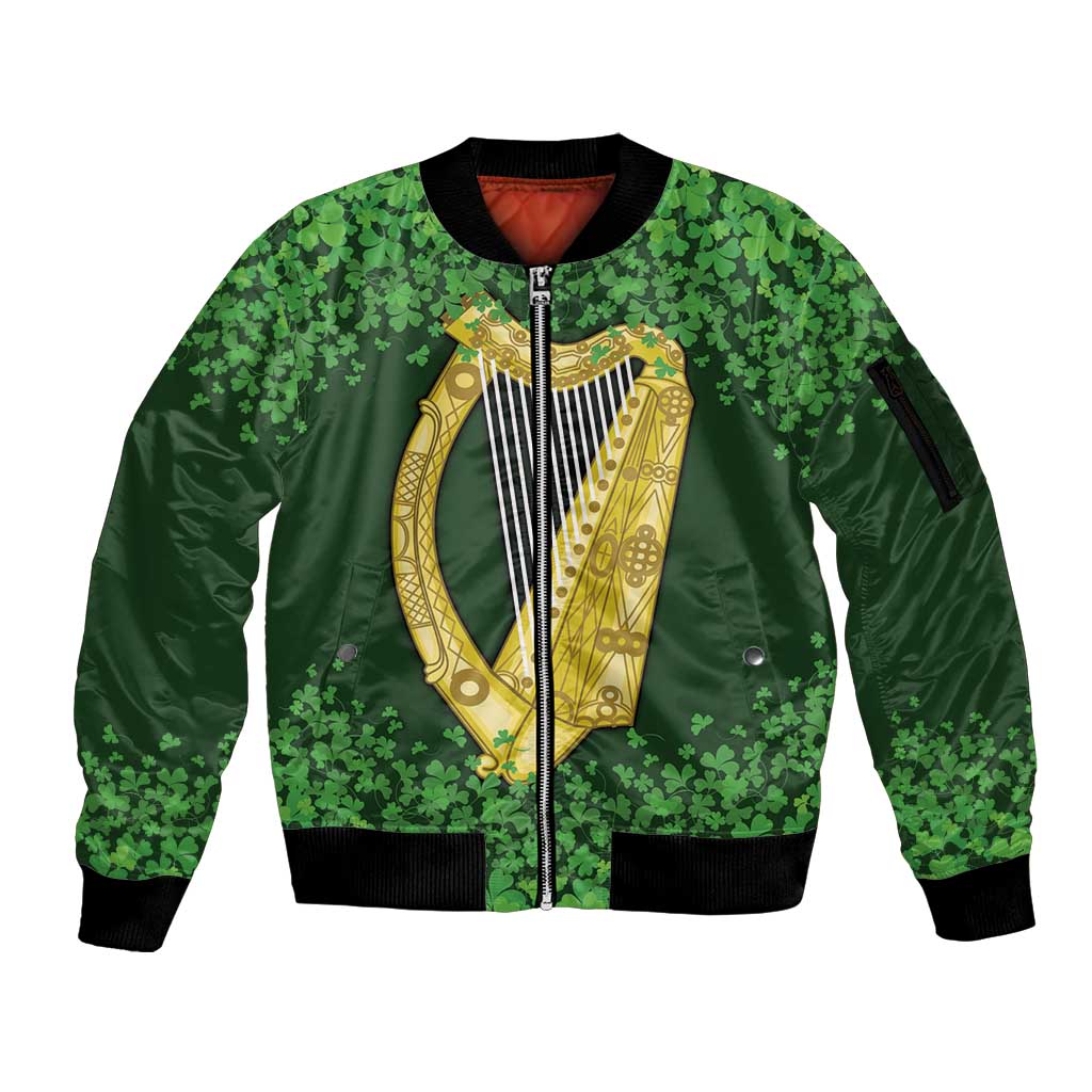 Ireland Leinster Gold Irish Harp with Shamrock Sleeve Zip Bomber Jacket Laighin Flag With Shamrock Patern
