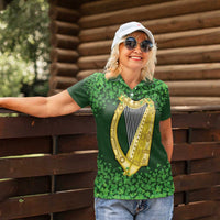 Ireland Leinster Gold Irish Harp with Shamrock Women Polo Shirt Laighin Flag With Shamrock Patern