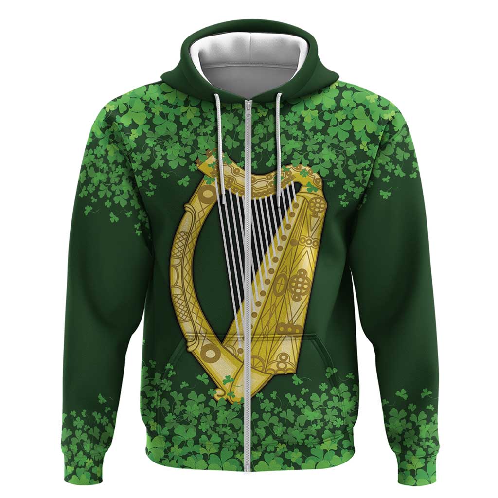 Ireland Leinster Gold Irish Harp with Shamrock Zip Hoodie Laighin Flag With Shamrock Patern