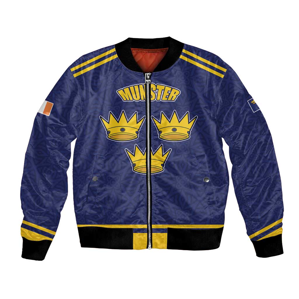Personalized Ireland Munster Three Gold Crowns Bomber Jacket An Mhumhain Flag Three Gold Crowns