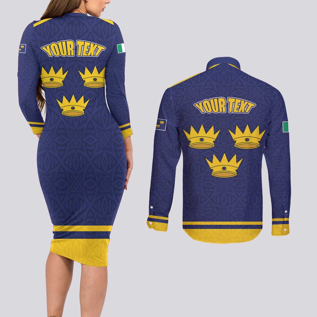 Personalized Ireland Munster Three Gold Crowns Couples Matching Long Sleeve Bodycon Dress and Long Sleeve Button Shirt An Mhumhain Flag Three Gold Crowns