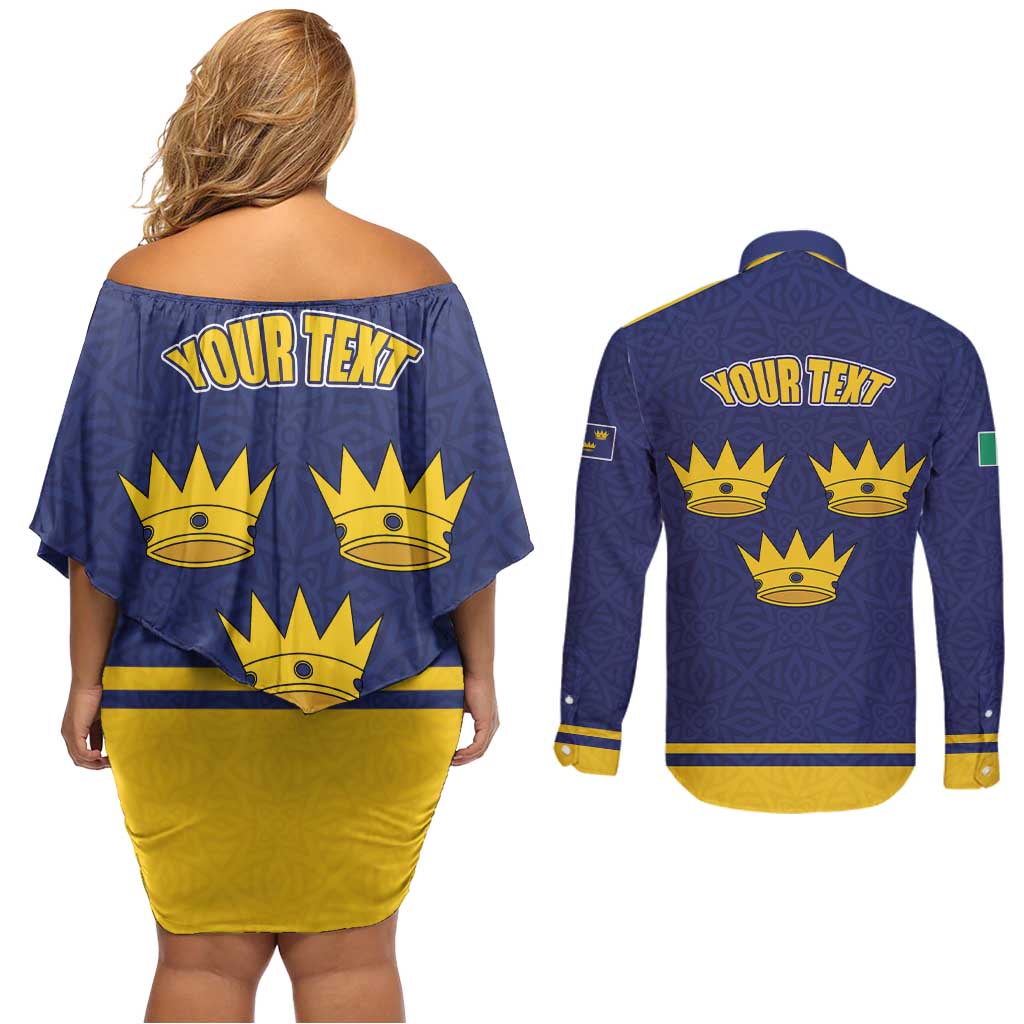 Personalized Ireland Munster Three Gold Crowns Couples Matching Off Shoulder Short Dress and Long Sleeve Button Shirt An Mhumhain Flag Three Gold Crowns
