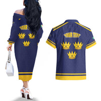 Personalized Ireland Munster Three Gold Crowns Couples Matching Off The Shoulder Long Sleeve Dress and Hawaiian Shirt An Mhumhain Flag Three Gold Crowns