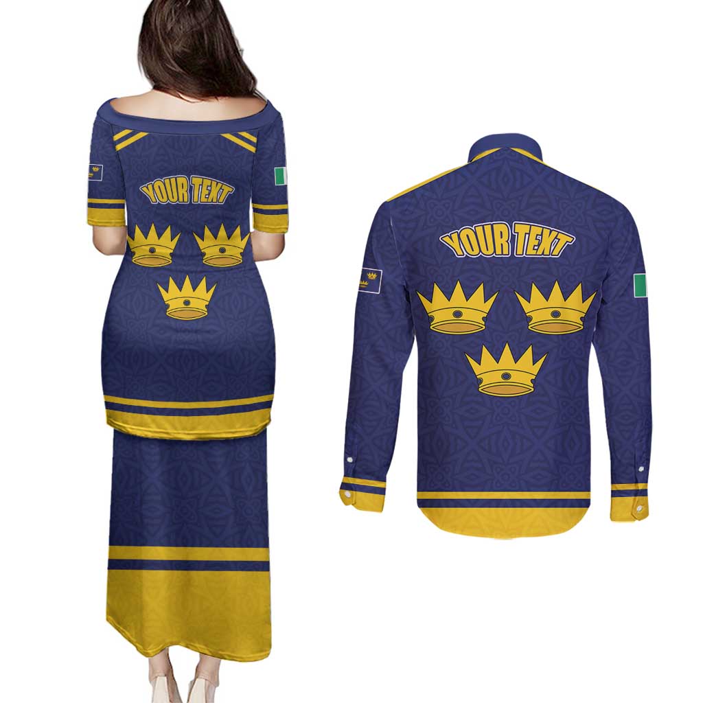 Personalized Ireland Munster Three Gold Crowns Couples Matching Puletasi and Long Sleeve Button Shirt An Mhumhain Flag Three Gold Crowns
