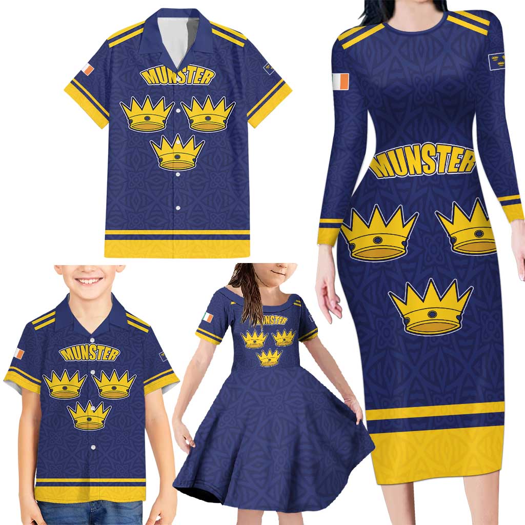 Personalized Ireland Munster Three Gold Crowns Family Matching Long Sleeve Bodycon Dress and Hawaiian Shirt An Mhumhain Flag Three Gold Crowns