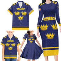 Personalized Ireland Munster Three Gold Crowns Family Matching Long Sleeve Bodycon Dress and Hawaiian Shirt An Mhumhain Flag Three Gold Crowns