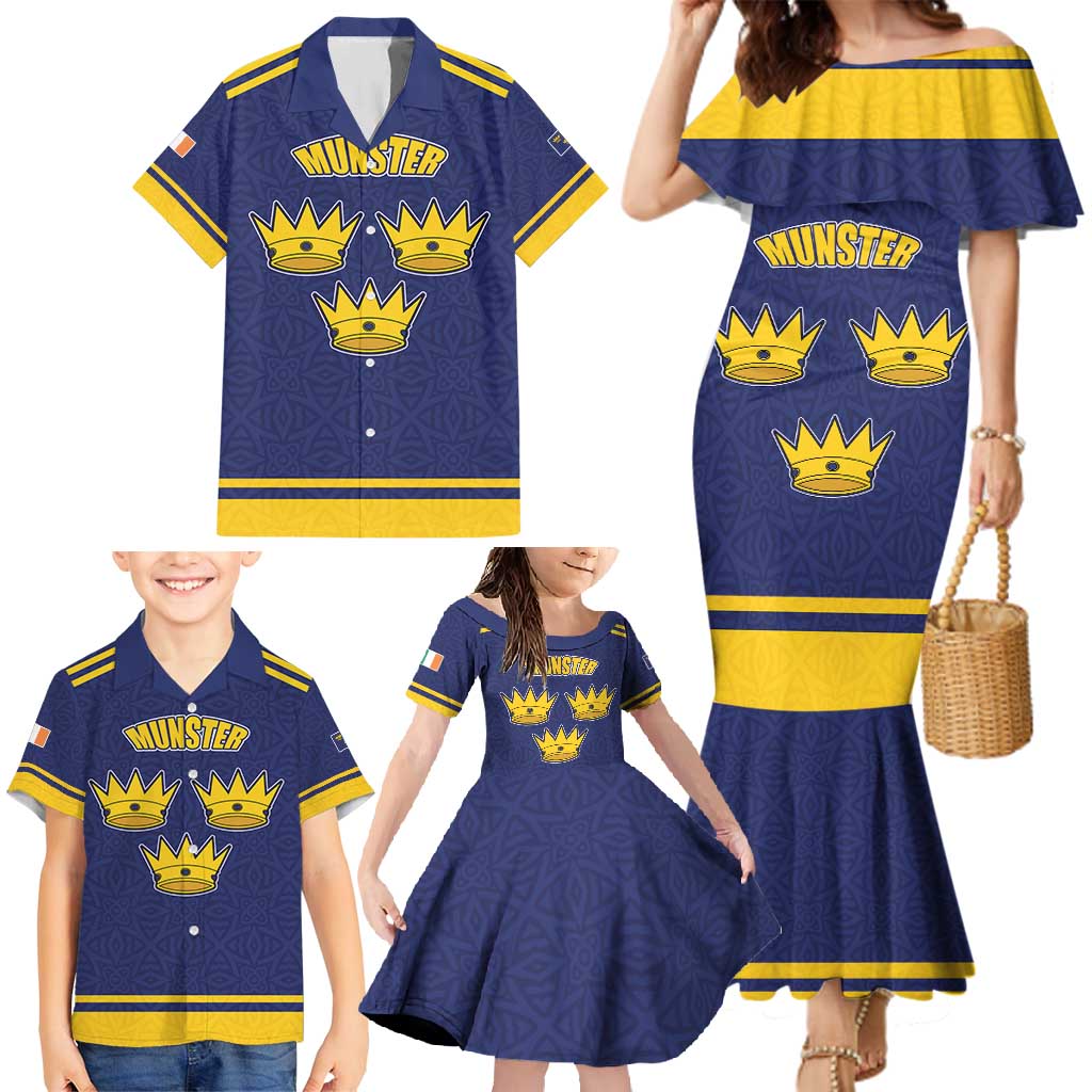 Personalized Ireland Munster Three Gold Crowns Family Matching Mermaid Dress and Hawaiian Shirt An Mhumhain Flag Three Gold Crowns