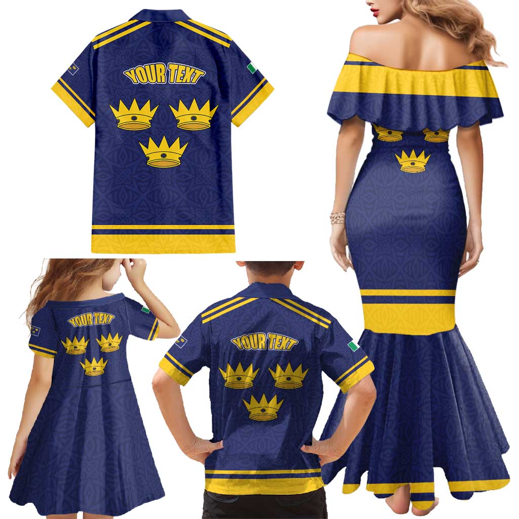 Personalized Ireland Munster Three Gold Crowns Family Matching Mermaid Dress and Hawaiian Shirt An Mhumhain Flag Three Gold Crowns