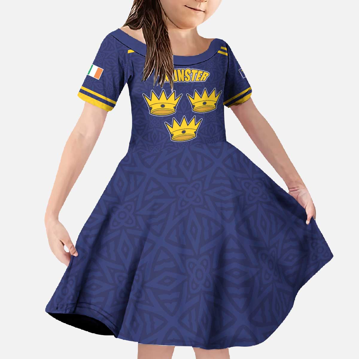 Personalized Ireland Munster Three Gold Crowns Family Matching Off The Shoulder Long Sleeve Dress and Hawaiian Shirt An Mhumhain Flag Three Gold Crowns