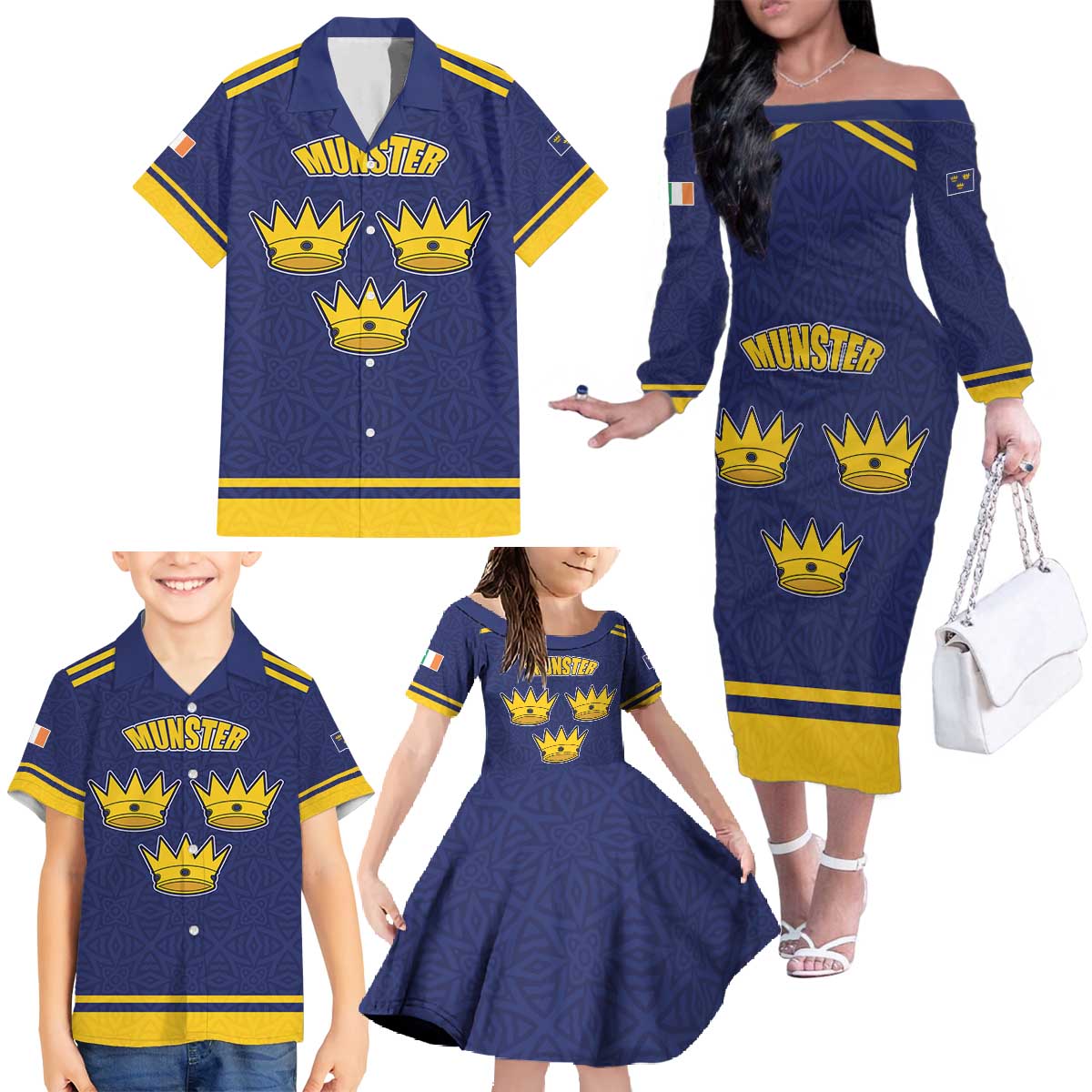 Personalized Ireland Munster Three Gold Crowns Family Matching Off The Shoulder Long Sleeve Dress and Hawaiian Shirt An Mhumhain Flag Three Gold Crowns