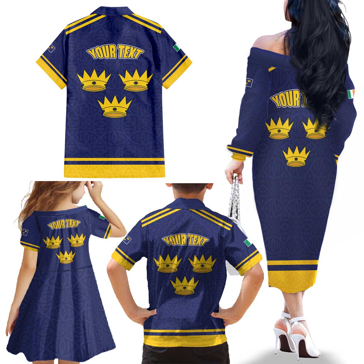 Personalized Ireland Munster Three Gold Crowns Family Matching Off The Shoulder Long Sleeve Dress and Hawaiian Shirt An Mhumhain Flag Three Gold Crowns