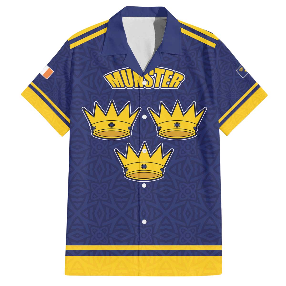 Personalized Ireland Munster Three Gold Crowns Family Matching Off The Shoulder Long Sleeve Dress and Hawaiian Shirt An Mhumhain Flag Three Gold Crowns