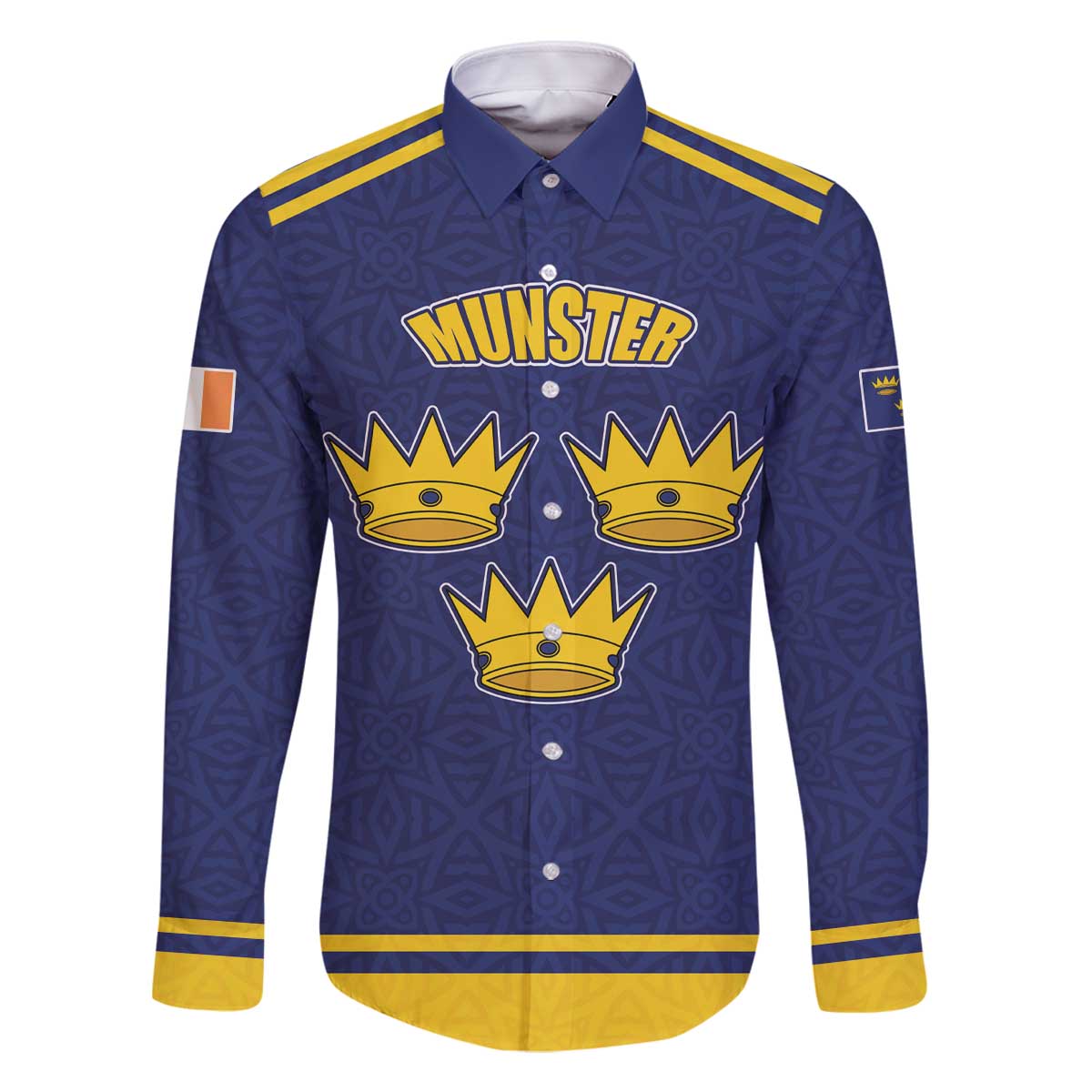 Personalized Ireland Munster Three Gold Crowns Family Matching Off The Shoulder Long Sleeve Dress and Hawaiian Shirt An Mhumhain Flag Three Gold Crowns