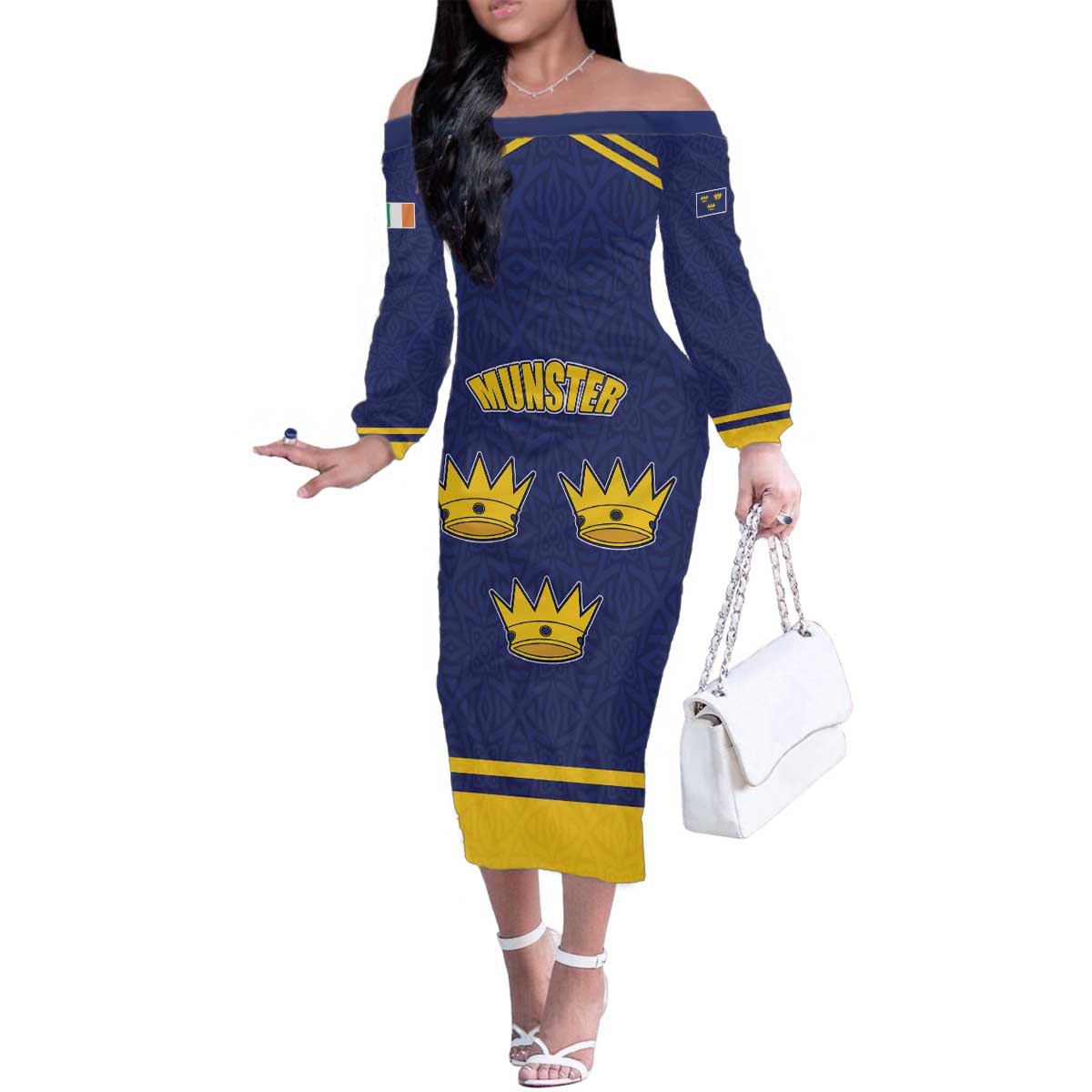 Personalized Ireland Munster Three Gold Crowns Family Matching Off The Shoulder Long Sleeve Dress and Hawaiian Shirt An Mhumhain Flag Three Gold Crowns