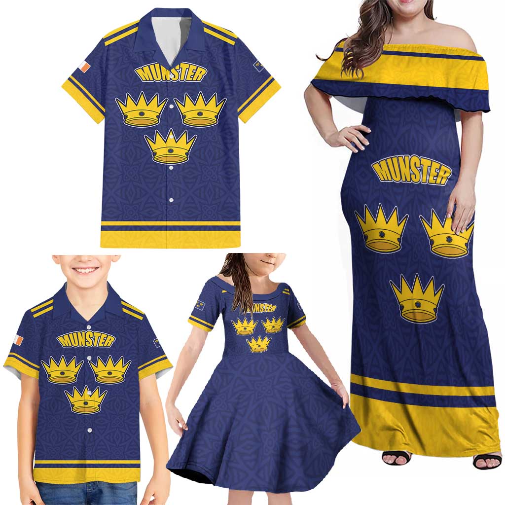 Personalized Ireland Munster Three Gold Crowns Family Matching Off Shoulder Maxi Dress and Hawaiian Shirt An Mhumhain Flag Three Gold Crowns