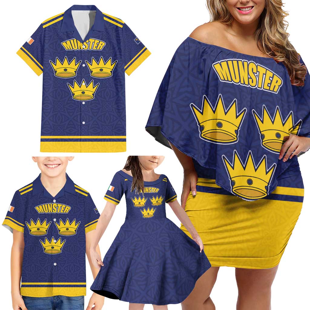 Personalized Ireland Munster Three Gold Crowns Family Matching Off Shoulder Short Dress and Hawaiian Shirt An Mhumhain Flag Three Gold Crowns