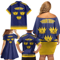 Personalized Ireland Munster Three Gold Crowns Family Matching Off Shoulder Short Dress and Hawaiian Shirt An Mhumhain Flag Three Gold Crowns