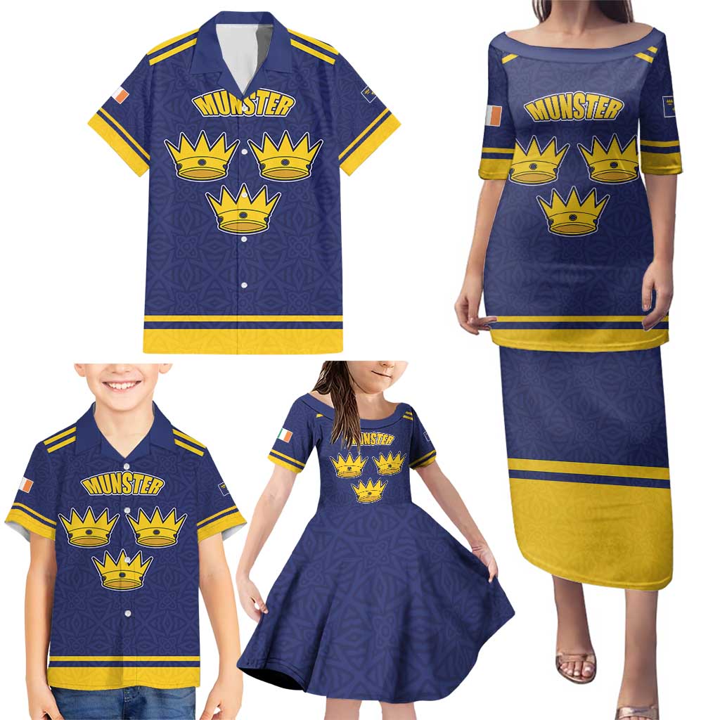 Personalized Ireland Munster Three Gold Crowns Family Matching Puletasi and Hawaiian Shirt An Mhumhain Flag Three Gold Crowns