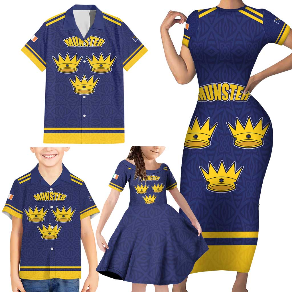Personalized Ireland Munster Three Gold Crowns Family Matching Short Sleeve Bodycon Dress and Hawaiian Shirt An Mhumhain Flag Three Gold Crowns