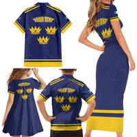 Personalized Ireland Munster Three Gold Crowns Family Matching Short Sleeve Bodycon Dress and Hawaiian Shirt An Mhumhain Flag Three Gold Crowns