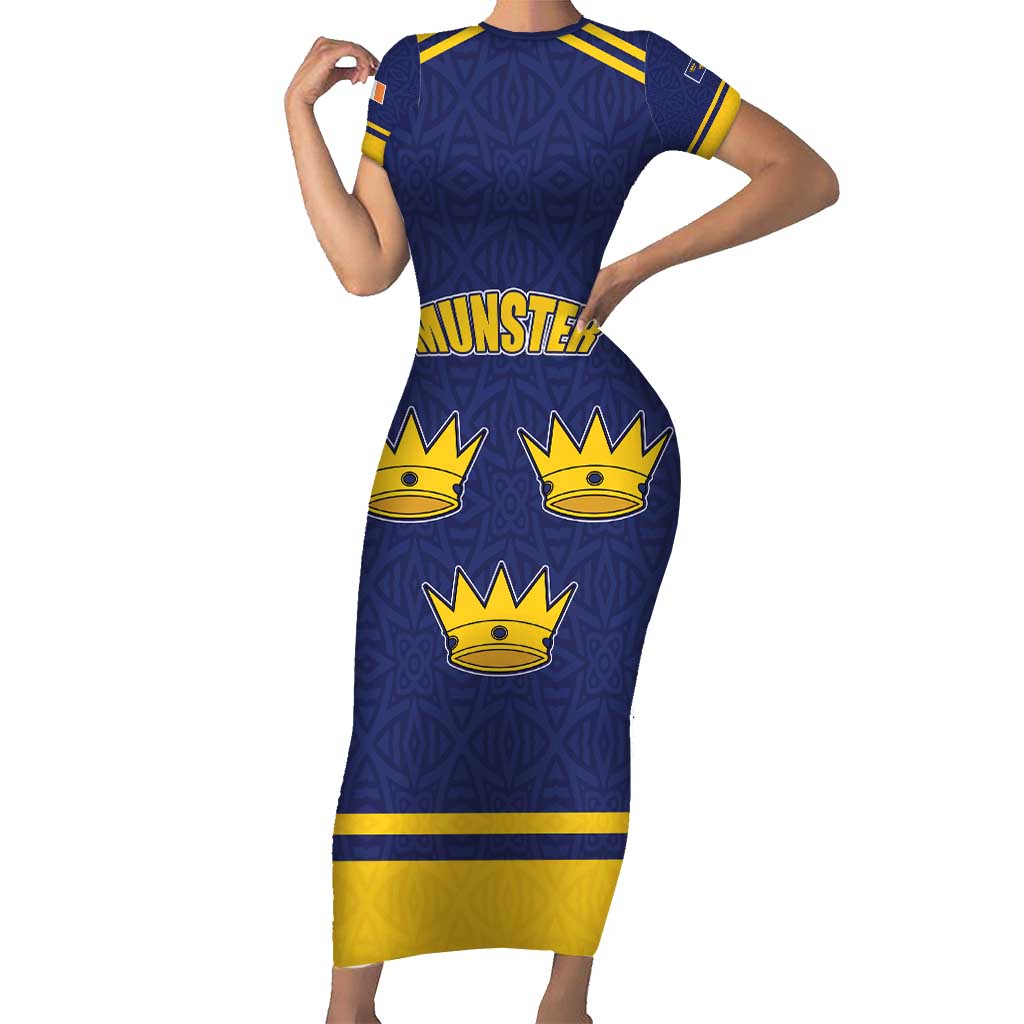 Personalized Ireland Munster Three Gold Crowns Family Matching Short Sleeve Bodycon Dress and Hawaiian Shirt An Mhumhain Flag Three Gold Crowns
